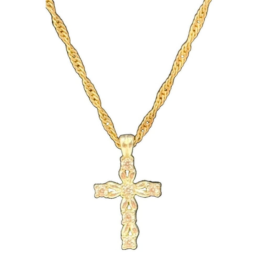 Rhinestone Cross Pendant Necklace Twisted Rope Chain 20 Inch Two Tone Jewelry